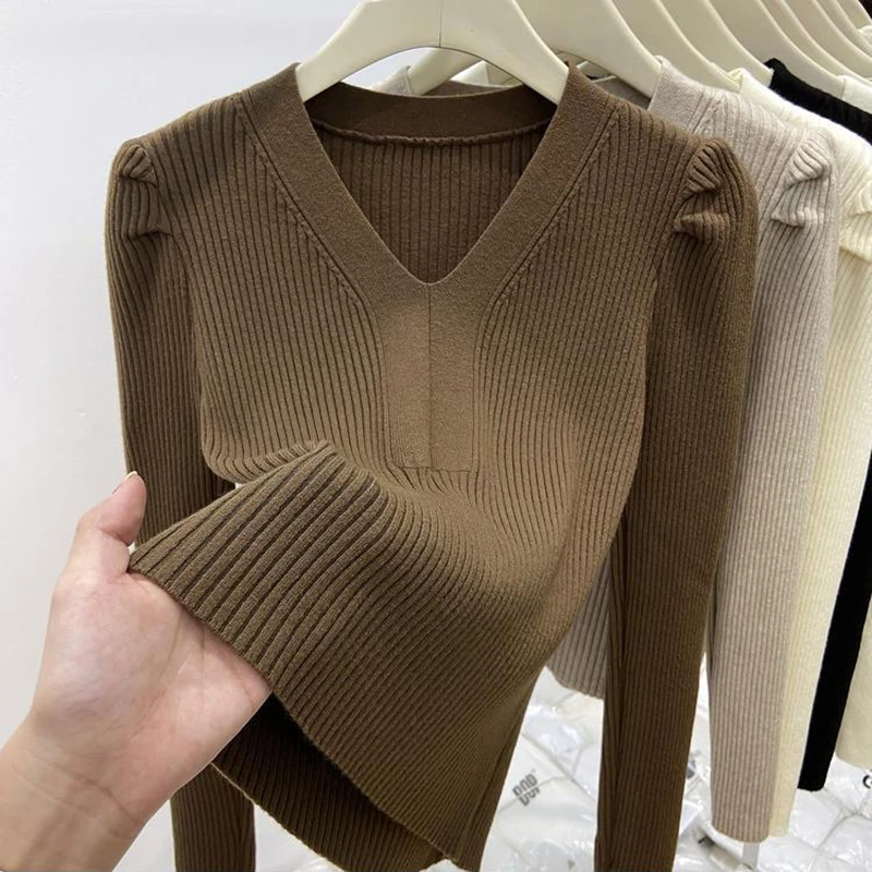 Elegant V Neck Winter Basics Sweater Women Pullovers Casual Long Sleeve Y2k Clothes Slim Knitwear Jumpers Knitted Black Tops