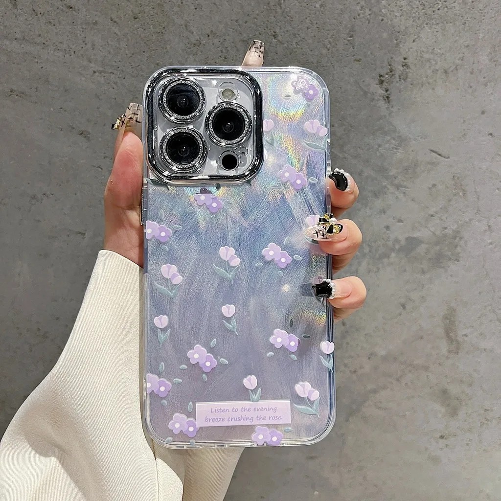 Lovely Girl heart flower silicone Phone Case For iPhone 13 14 13 12 11 15 Pro Max Shockproof Laser Case For 7+8+ XR XsMax