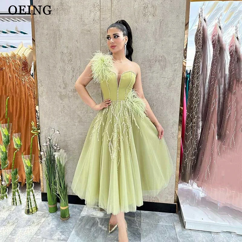 OEING Simple Prom Dress Fairy Feathers Coral Tulle Evening Dresses Photo shoot Tea Length Party Dress Vestidos De Fiesta Gala