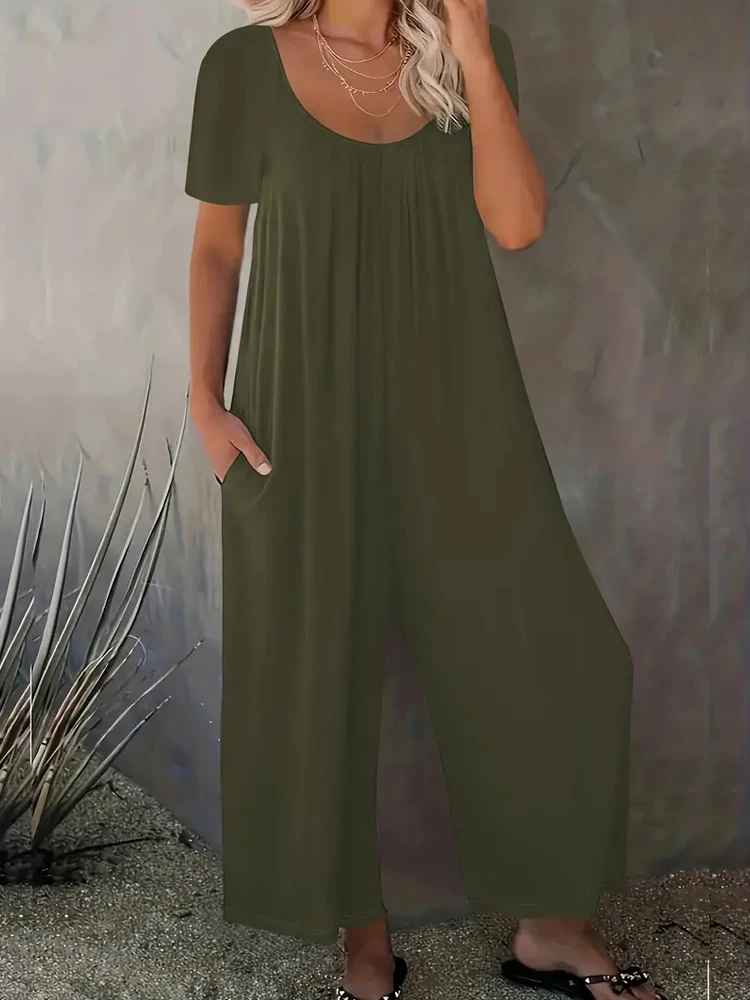 Summer Chic Solid Casual Pockets Jumpsuit Crew Neck Short Sleeve Wide Leg Long Pant Versatile Outfit Plus Size Women\'s Clothing