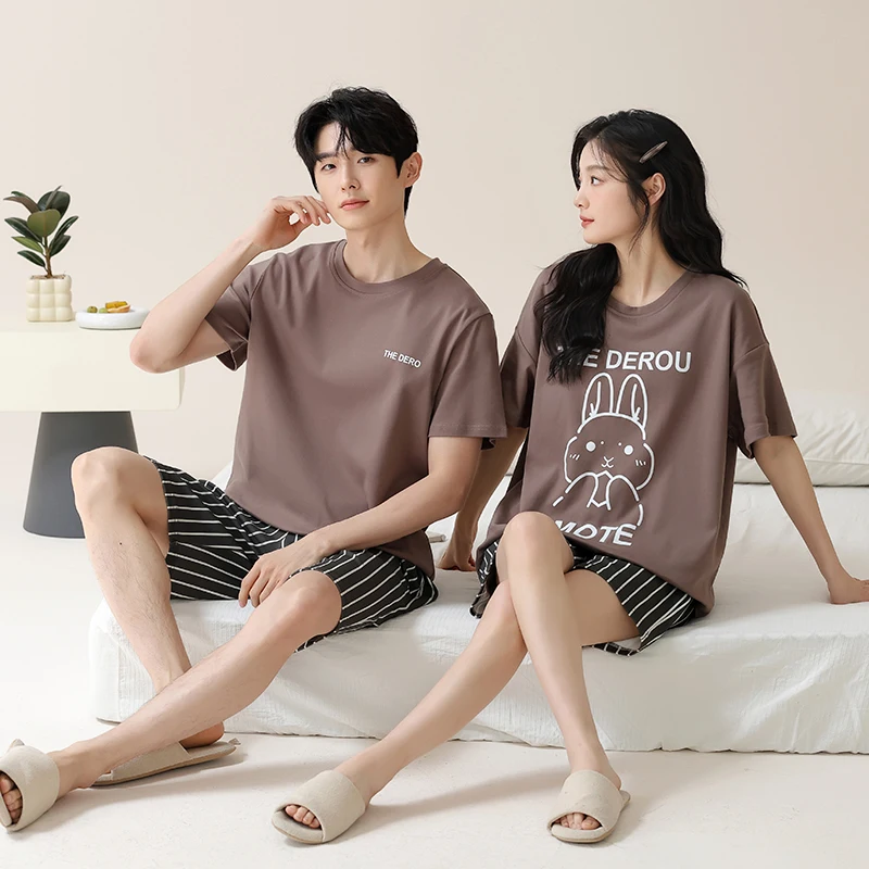 Korean Cotton Homewear for Women and Men Summer Short Sleeves Shorts Nightwear Couples Loungewear Cartoon Cute Rabbit Sleepwear