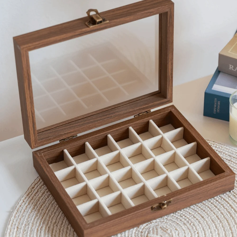 Multipurpose Elegant Wood Jewelry Box Glass Lid Velvet Jewelry Organizer Storage Box Dust-proof Ring Display Holder Home