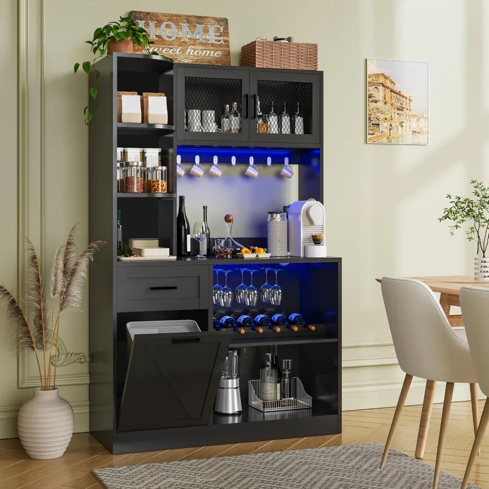

67.3 Tall Modern Black Kitchen Pantry Storage Cabinet with Drawer and Shelves, Tilt Out Trash Can, Coffee Bar Wine Cabinet with