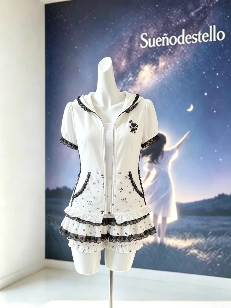 2026 New Women Cute Unique Rabbit Ear Short Sleeve Tee Zip Hooded Cardigan Lace Layered Cake Mini Skirt Two Piece Summer Outfit