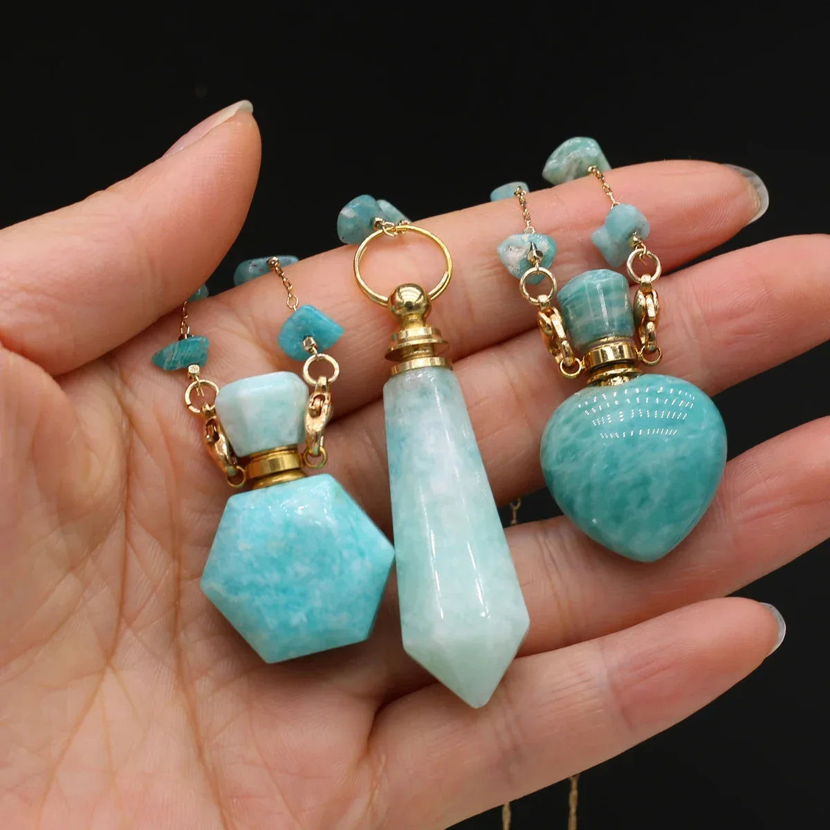 Natural Amazonite Essential Oil Diffuser Pendant Necklace Charms Perfume Bottle Pendant Necklace for Women Jewerly Party Gift