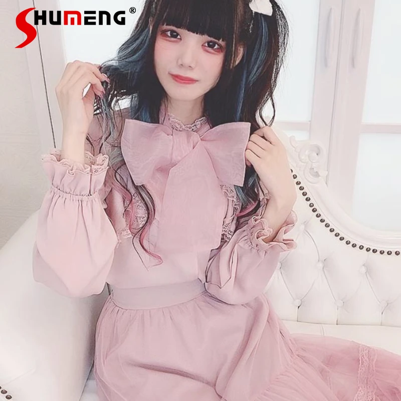 

Fairy Woman Big Bow Lace-up Pink Top Summer 2024 New Chic Elegant Blusa Mujer Blouse Women Vetement Femme Blusas De Mujer