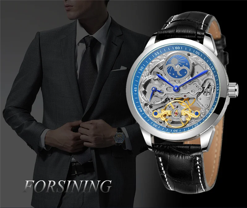 Forsining 355A Luxury Brand Moon Phase Watches Fully Automatic Men Watches Hollowed Mechanical Watches Luxury Reloj Hombre