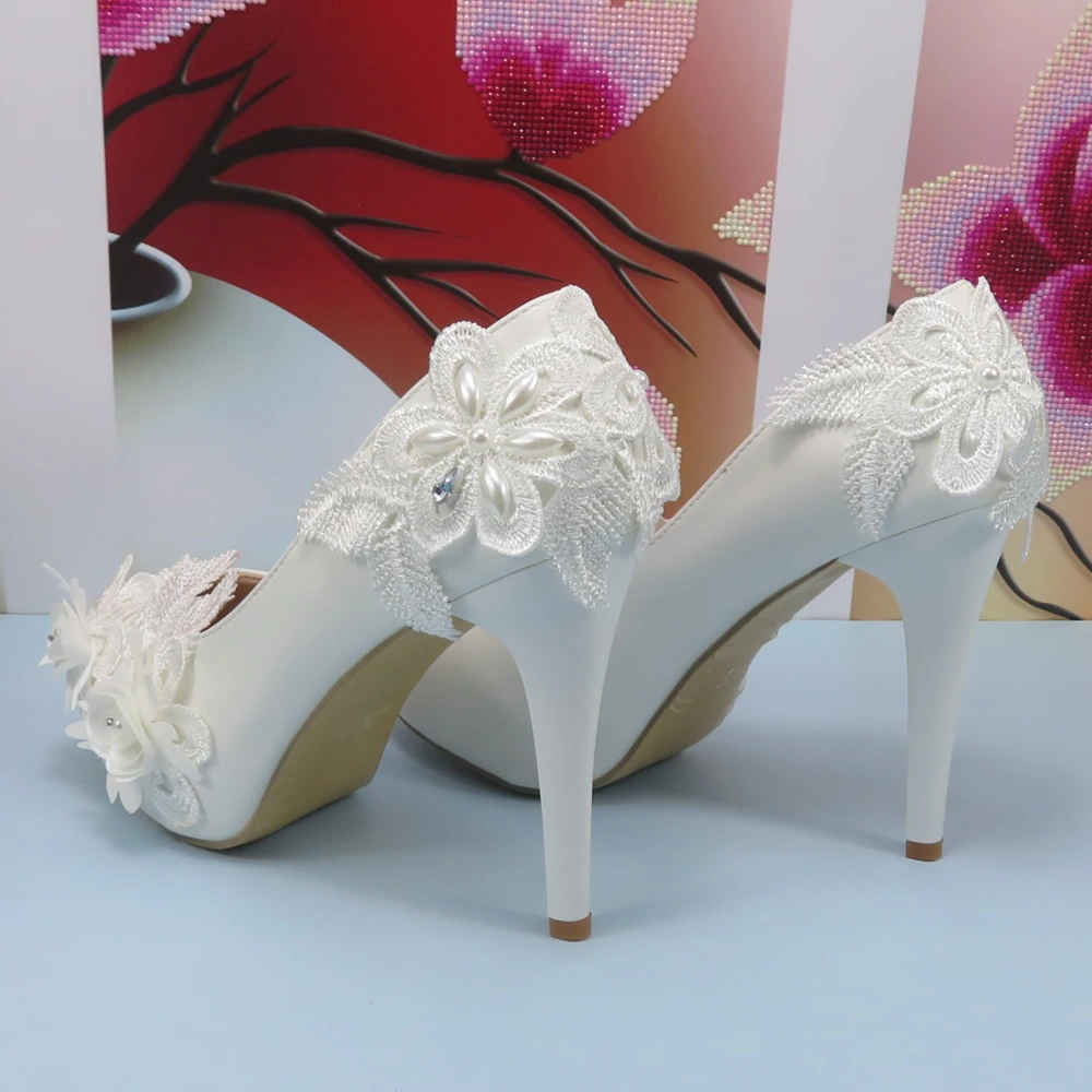 White High Heel Round Toe Flower Wedding shoes Bride Ladies high platform shoes woman Fashion Platform Party Dress shoes Women