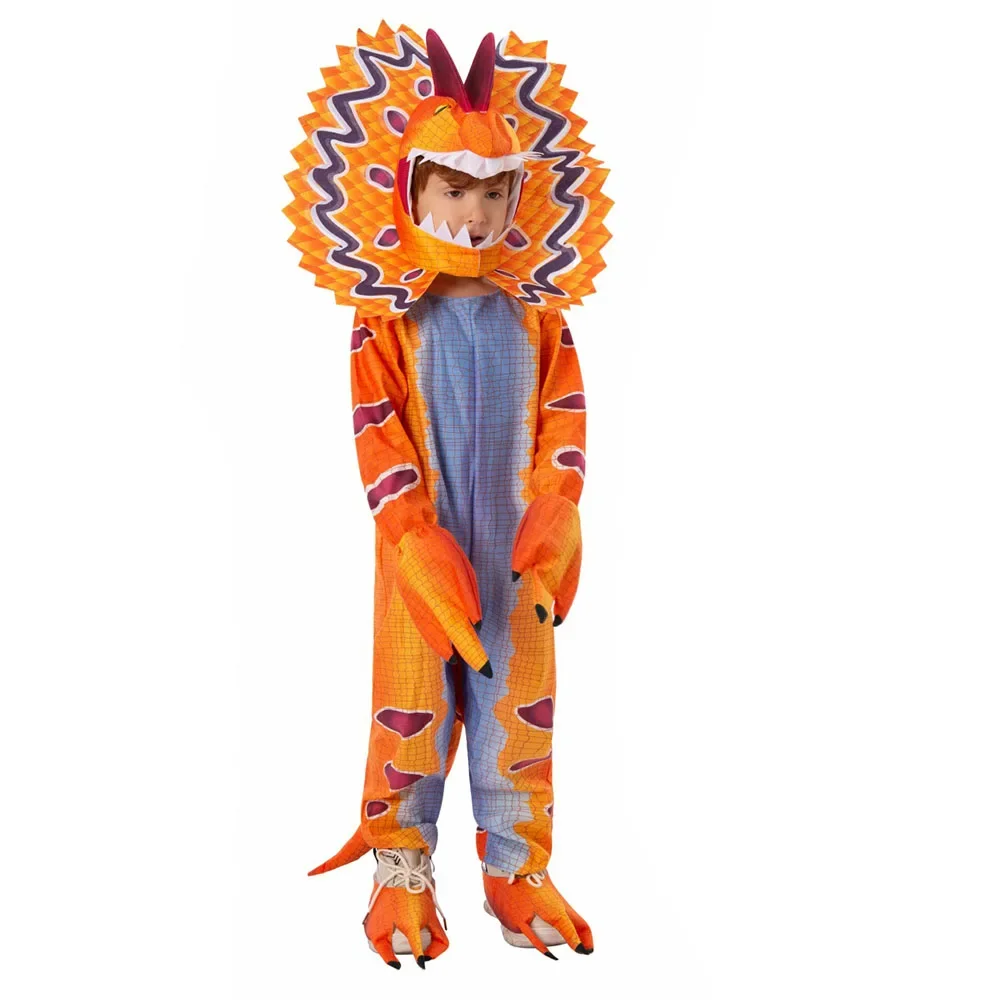 Disfraz de dinosaurio de dibujos animados para niños, traje de Dilophosaurus naranja, Mono para niños, fiesta escolar, juego de rol para estudiantes