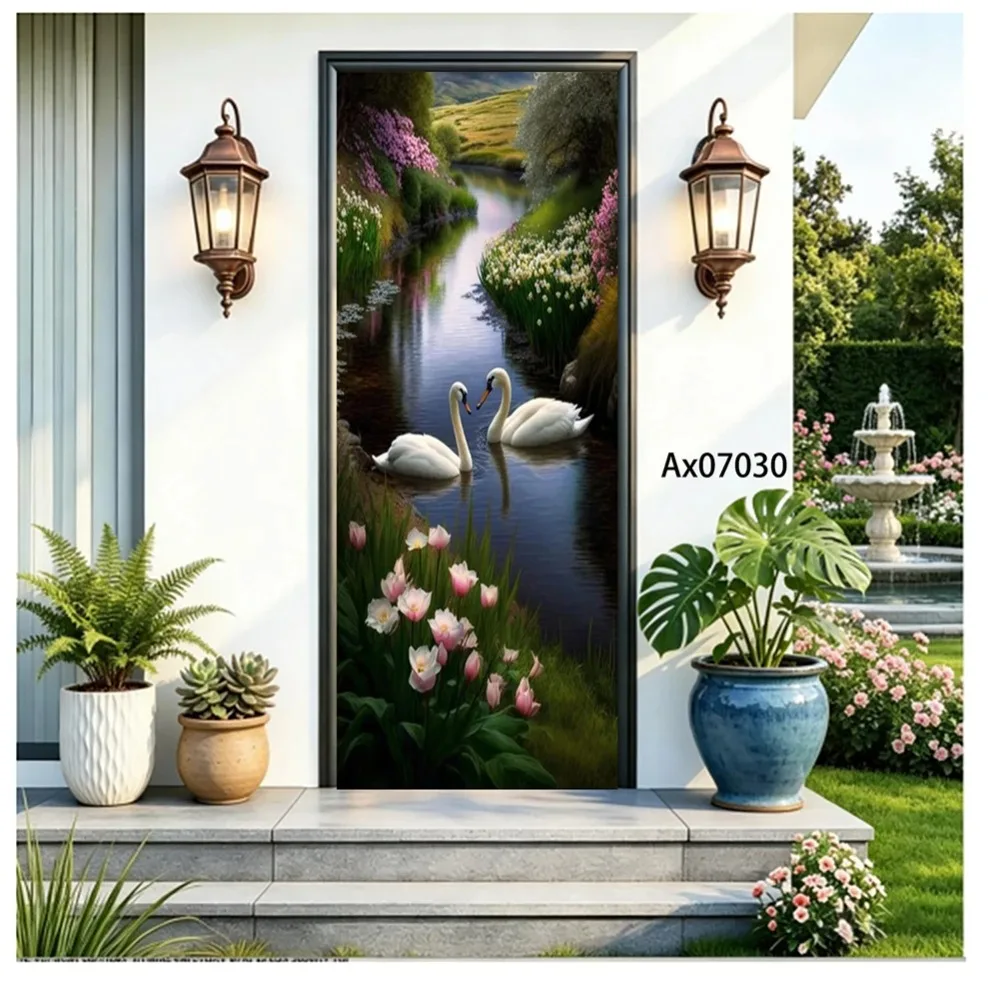 Countryside Creek White Swan Door Sticker Oil Painting Tulip Riverside Landscape Self Adhesive Cabinets Wardrobe Doors Decor