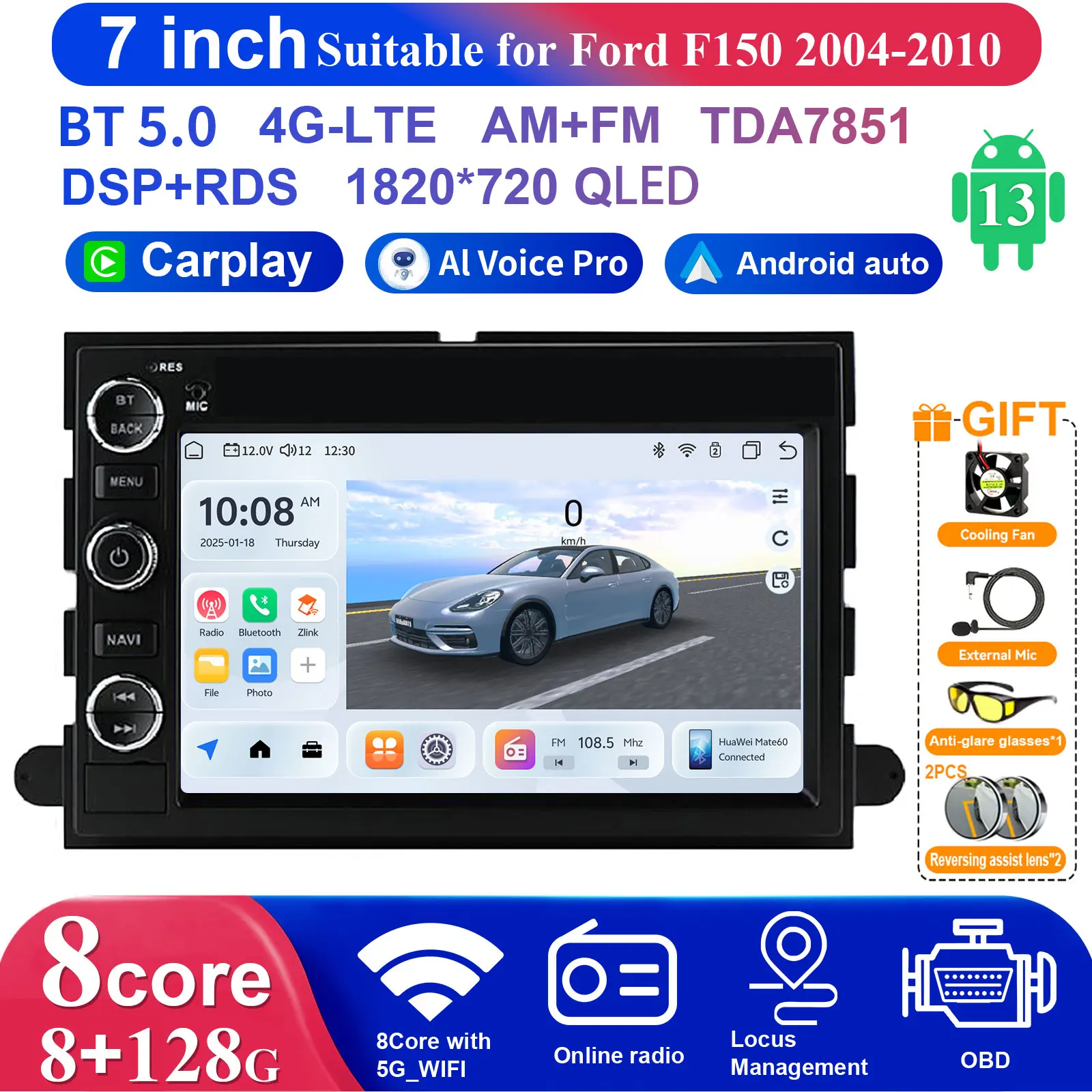 

Car multimedia player for 04-10 Ford F150 F250 7-inch Android navigation 8+256g 4G+carplay octa-core with Al Voice Pro car MP5 p