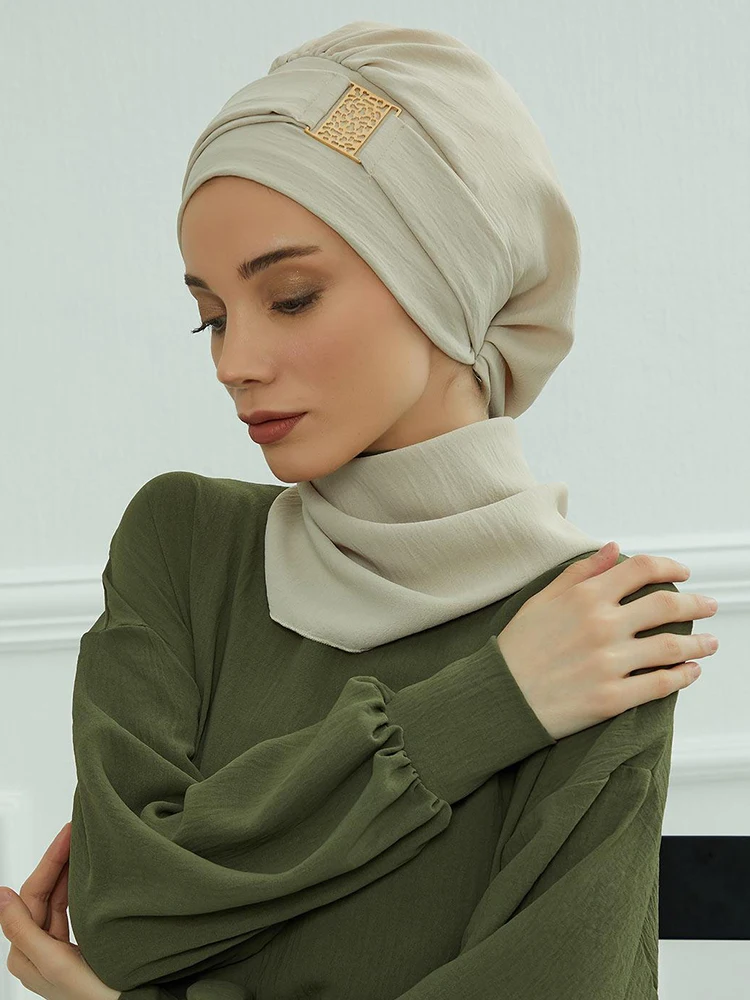 Turban Hijab instantané pour femmes musulmanes, bandeau de sauna pour dames, élégant et uni, design en métal