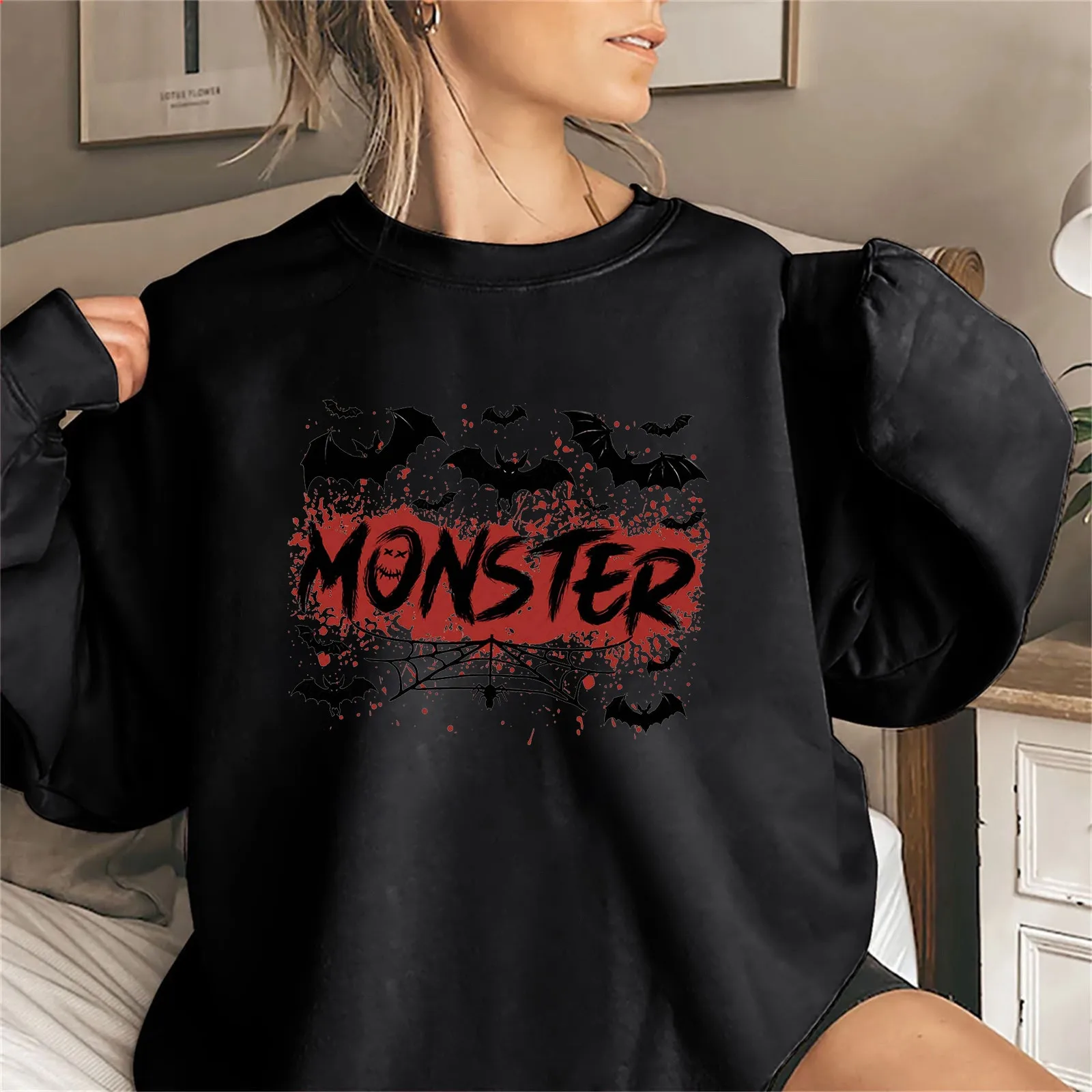 

MONSTER Bat Print Ladies Individual Hoodie Halloween Trend Hoodie Crewneck Long Sleeve Loose Comfortable Casual Hoodie