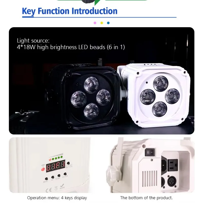 For 4x18W RGBWA+UV 6in1 4*18W DMX Wireless Battery LED Uplight Beam Lights For Wedding Party Decoration