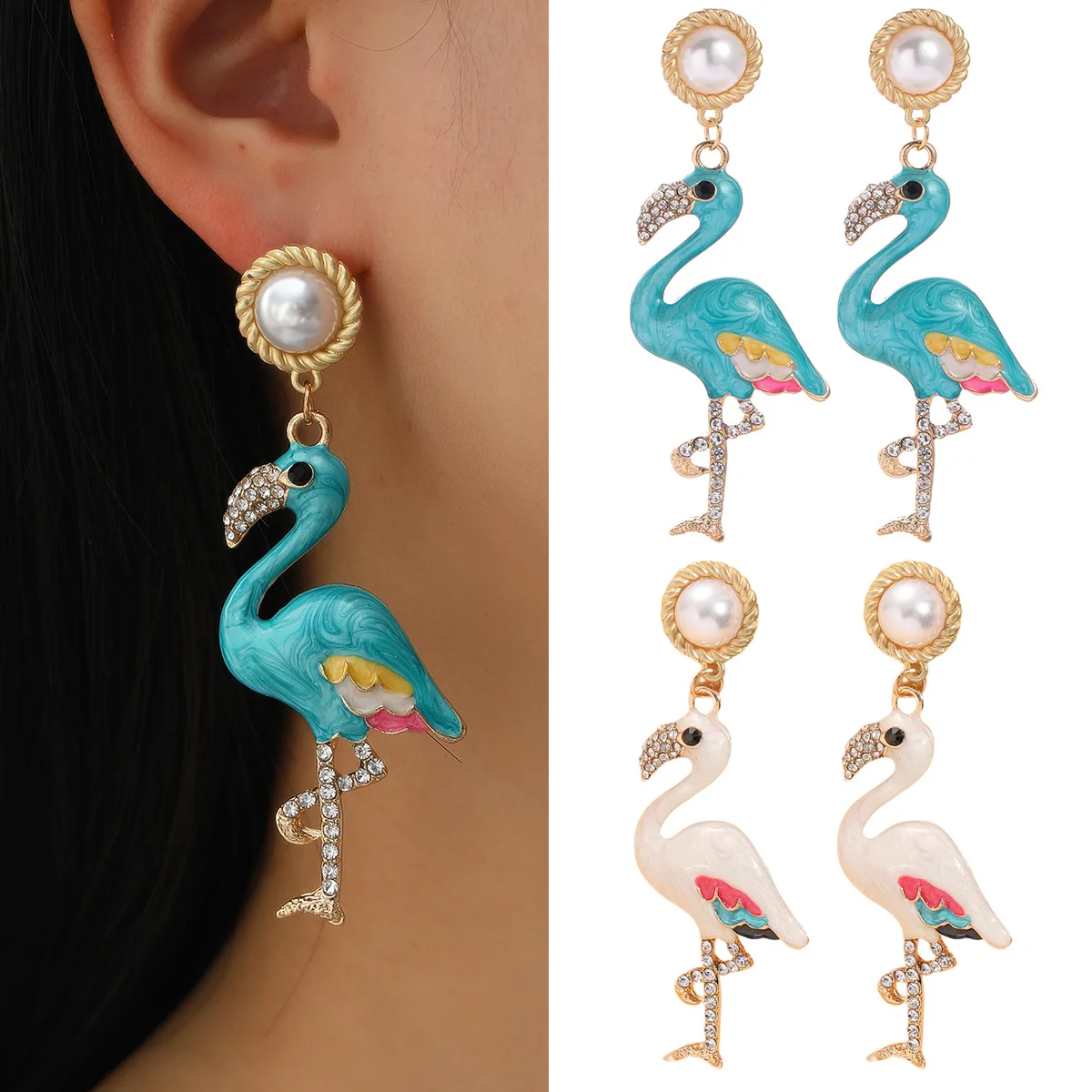 

Personalized Fashion Animal Design Jewelry Earrings Metal Flamingo Shaped Pearls Earrings Pendants Valentine's Day Ear Studs