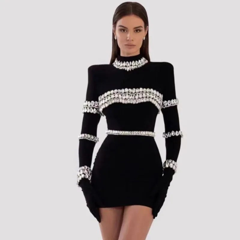 2023 New Winter Black Color Women Long Sleeve Big Crystal Bodycon Mini Dress Bandage Fashion Elegant Evening Party Dress Vestido