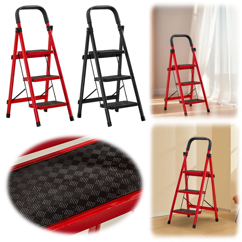 

3 Step Folding Ladder Sturdy Steel Ladder Protable Ladder Stable Household Step Stool Storage Shelf 300 Lbs Load Capacity Ladder