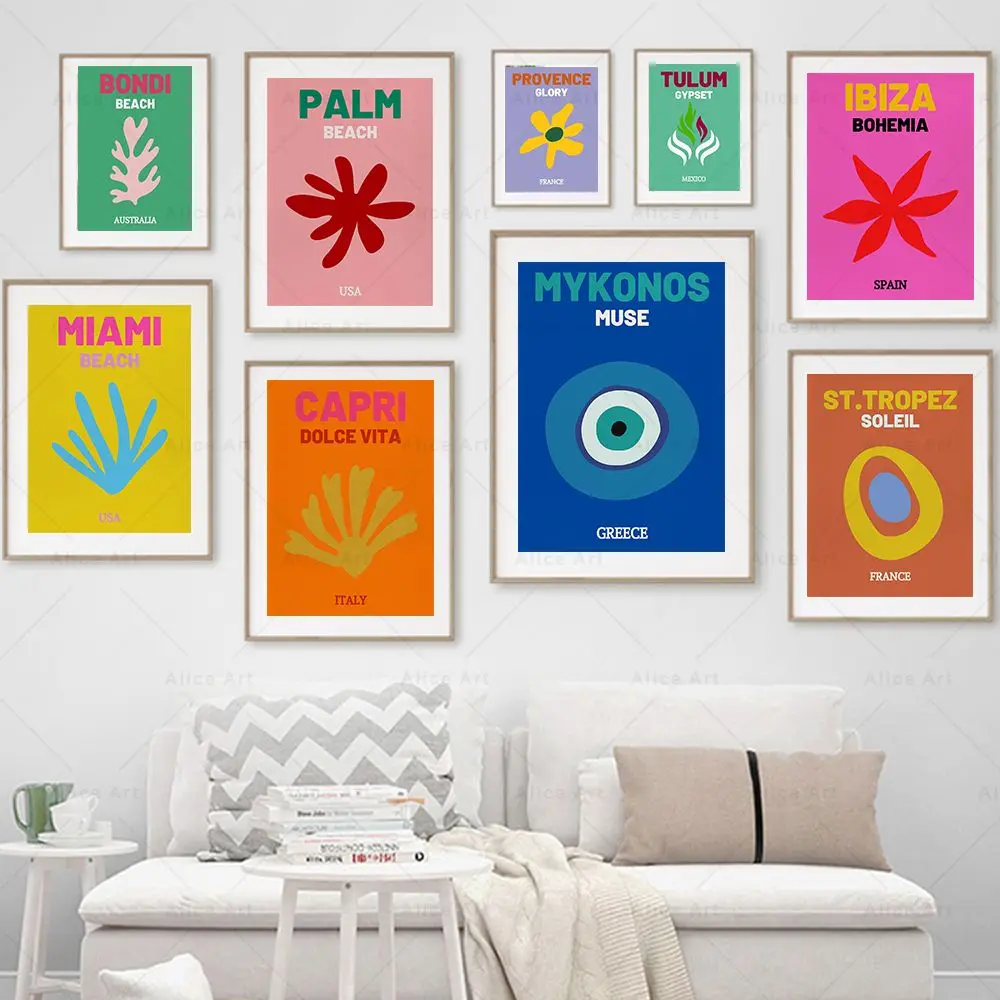 Preppy Color Travel Prints Miami Bondi Palms Ibiza Mykonos Capry Poster Canvas Painting Wall Art Pictures Living Room Home Decor