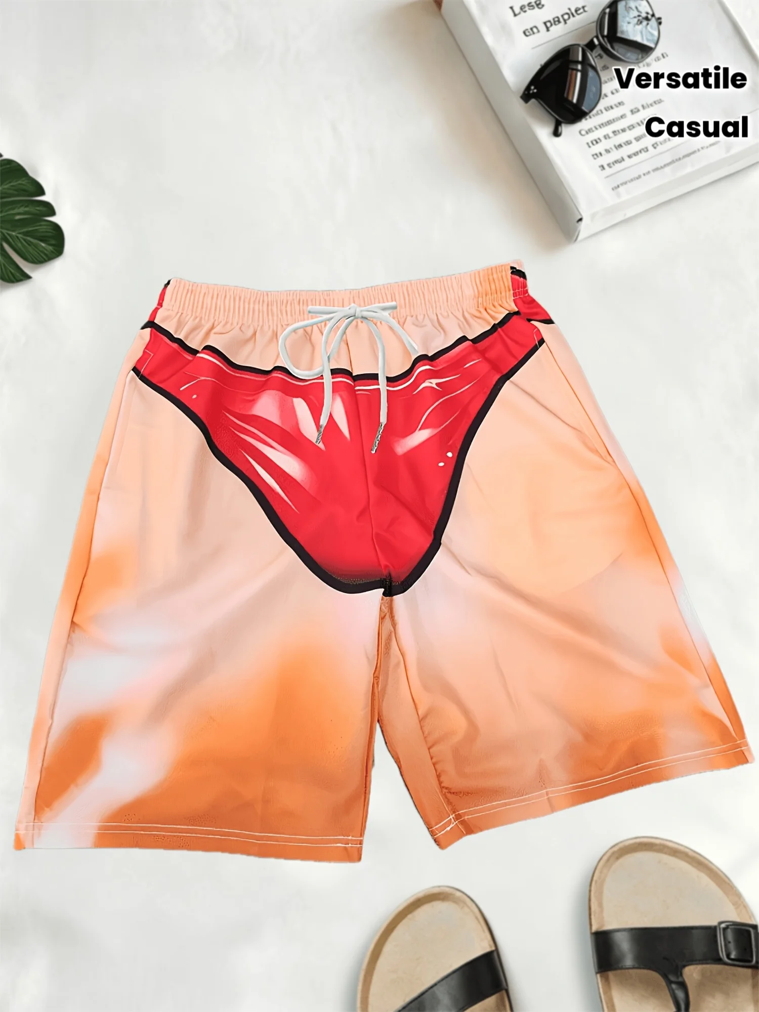 Internet celebrity funny simulation red bikini print five quarter pants men's loose drawstring vacation casual beach pants