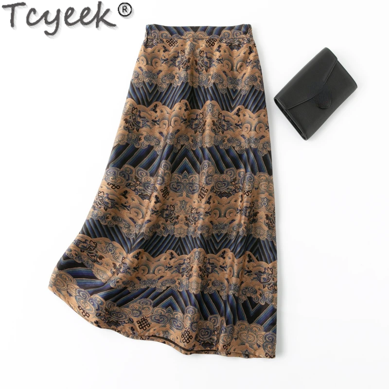 Tcyeek 100% Natural Silk Skirt 2024 Chinese Style Vintage Skirt Elegant Skirts for Woman Clothing Spring Summer Women's Skirt