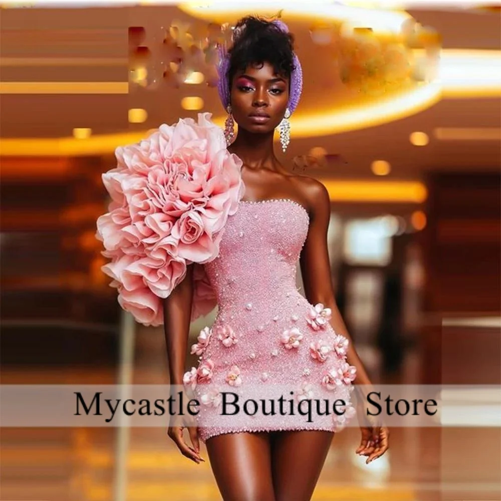 

Розовый 3D цветок на одно плечо, черные платья для девочек на день рождения, 2021, короткие платья для выпускного вечера с жемчугом, мини-коктейльное платье по индивидуальному заказу