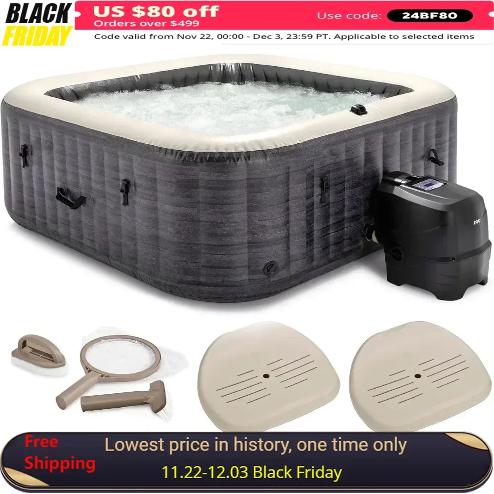 Outdoor Hot Tub, Maintenance Kit W/Brush, Skimmer and Scrubber, Slip Resist Inflatable Removable Seat, Inflatable Square Hot Tub