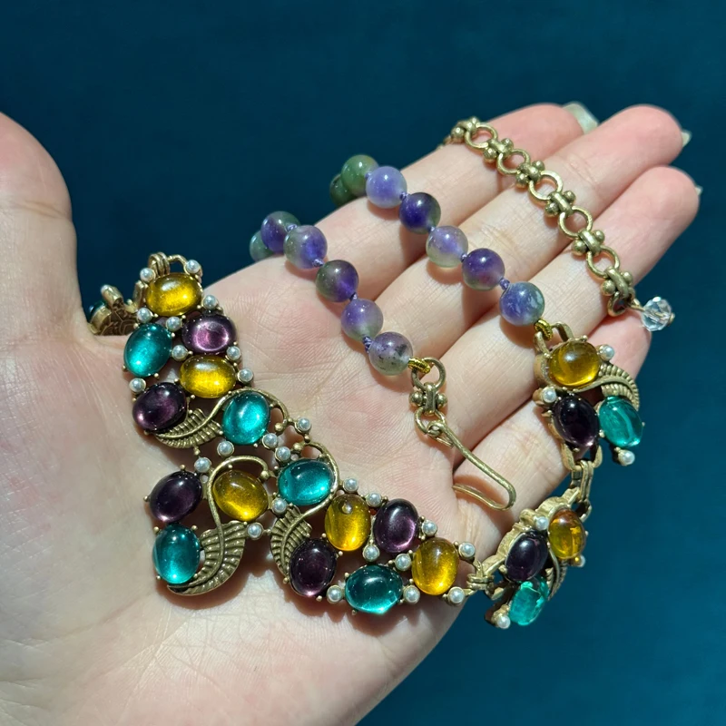 Vintage Purple Beaded Choker Necklaces Colored Yellow Blue Oval Glass Grape Gold Color Flower Antique Jewelry Accessories Women