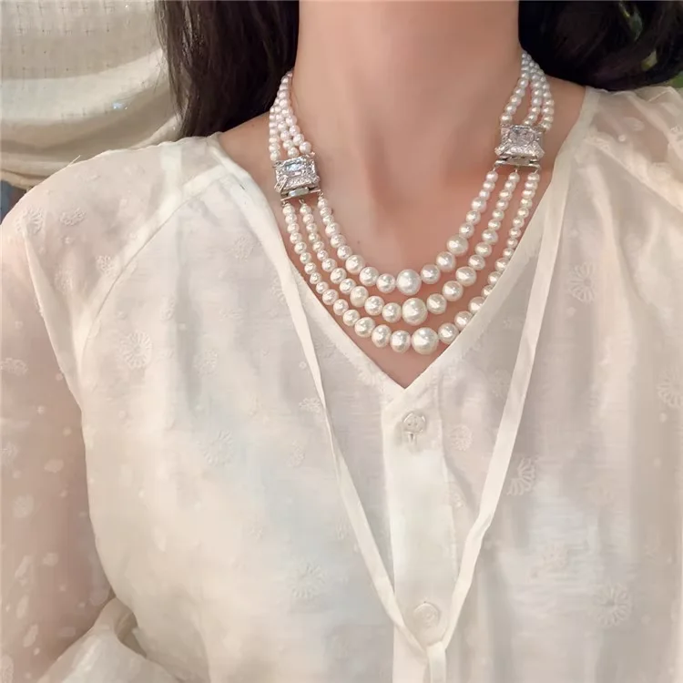 3 Rows Cultured Pearl  Silver Plated Connector Chokers  Necklace