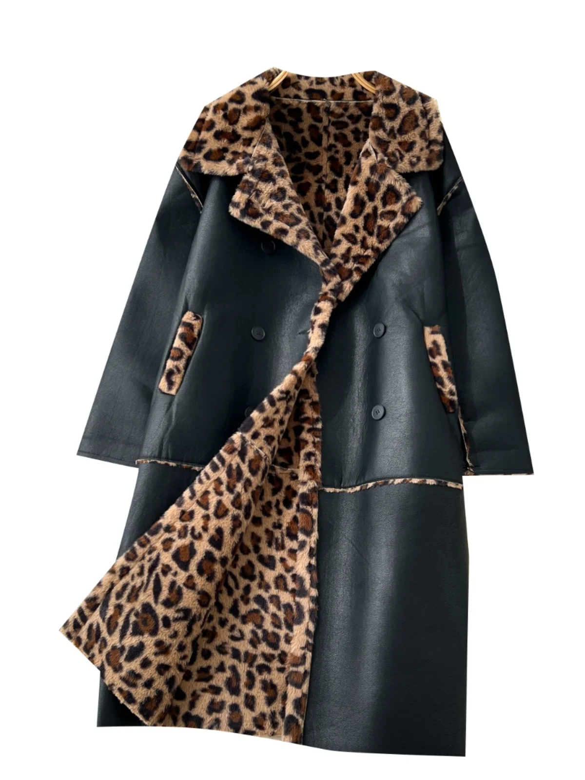 Stylish Two-sided Locomotive Leopard Printed Coat 2024 Winter Thickened Fur Integrated Loose Long Leather Jacket for Women