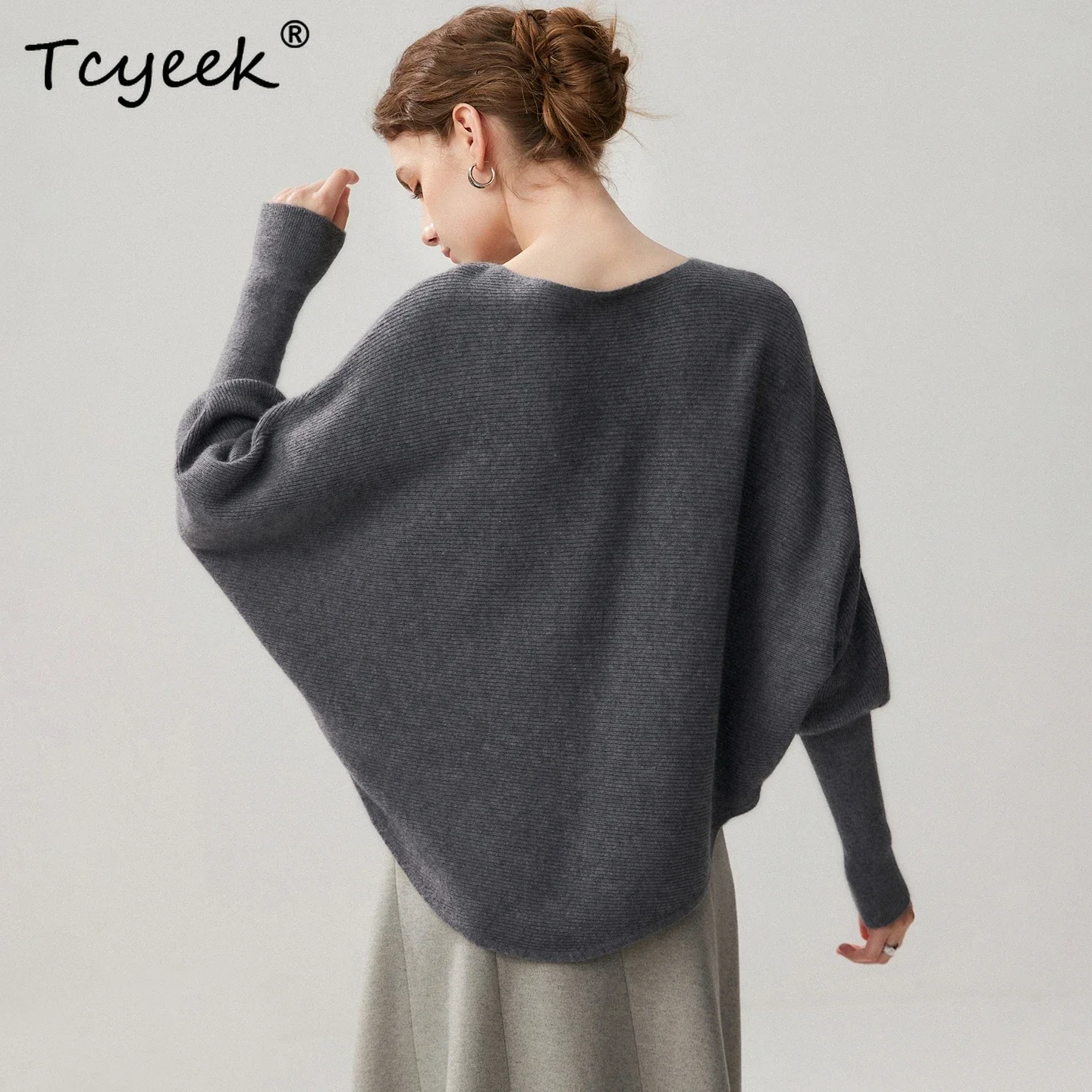 Tcyeek Women's Sweater Batwing Sleeve Cloak Knit Clothing Loose Pullover 100% Cashmere Autumn Winter Sweater Horizontal Stripes