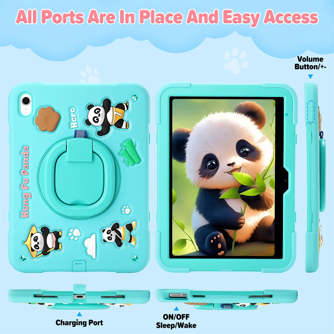 

Case for iPad 7 8 9 10 11th A16 2026 New Release Cute Panda With Pencil Holder 360 Stand Shockproof Silicone Shoulder Strap