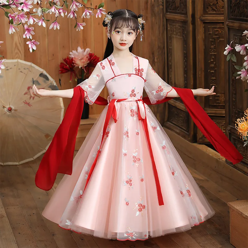 

Summer New Girls Chiffon Chinese Lovely Tang Suit Children Embroidery Ancient Hanfu Kids Photography Perform Costumes