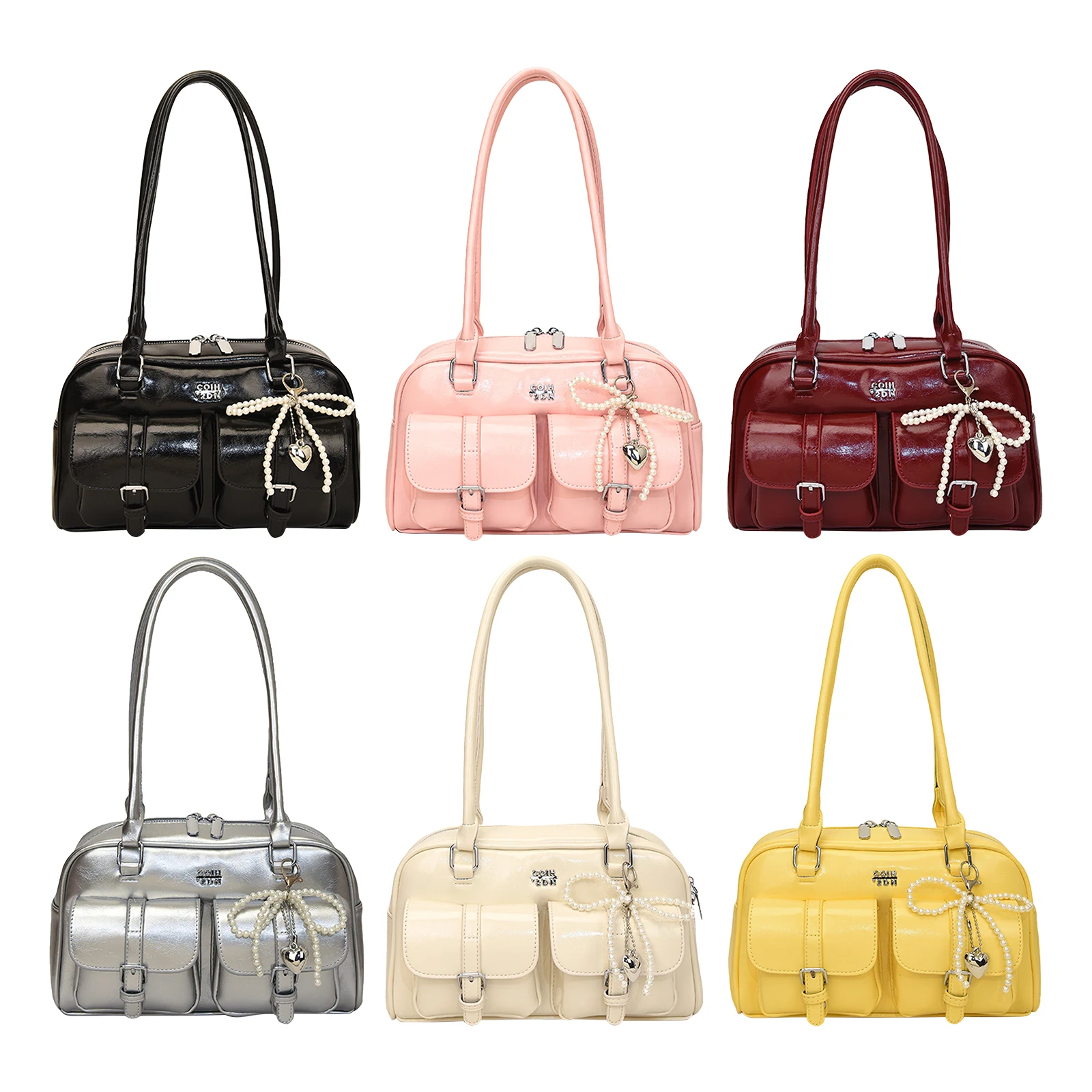 PU Leather Versatile Tote Bag Multi-Pocket Bowling Bag with Pendant for Women Ladies Work Shopping Travel Daily Use