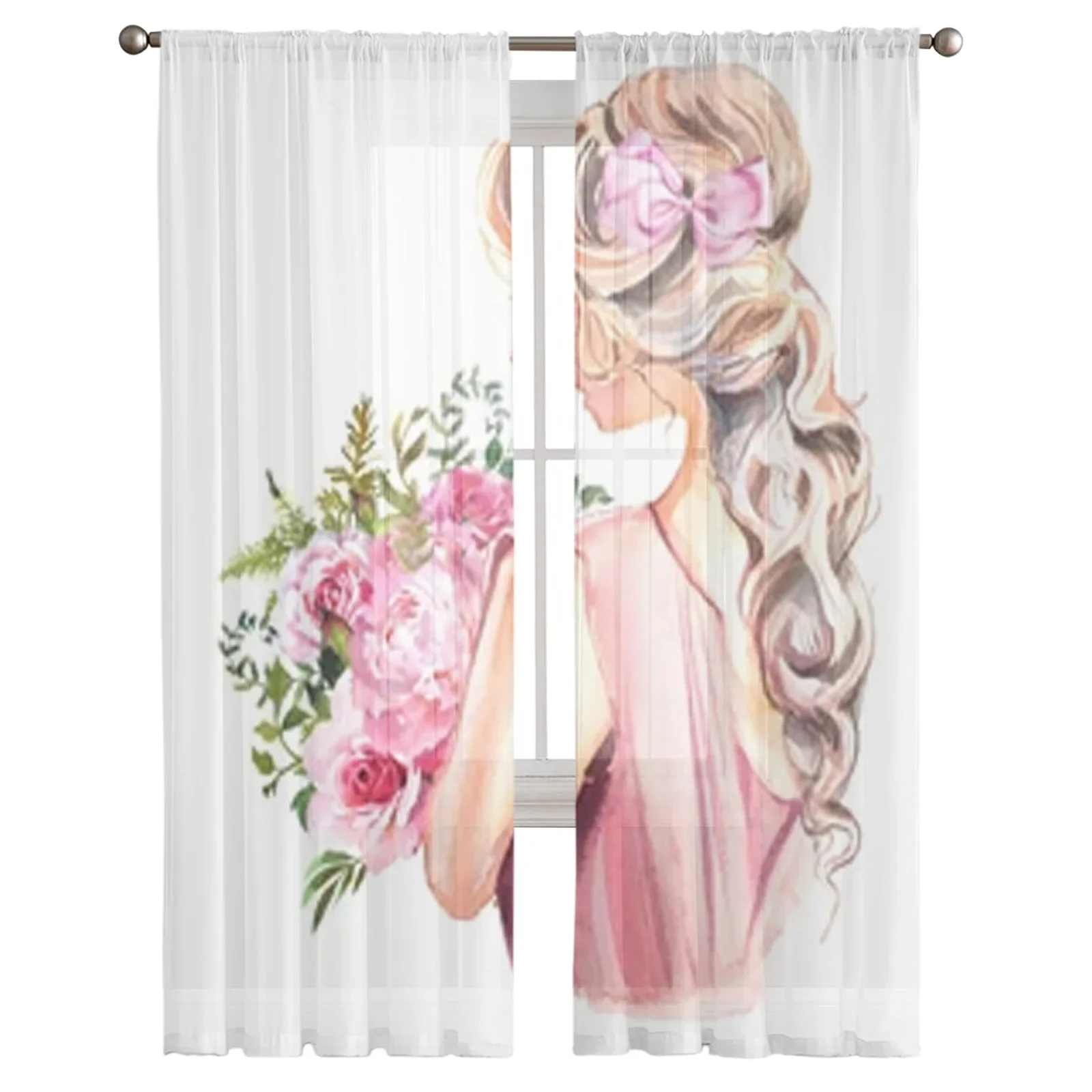 Beautiful Watercolor Girl Sheer Window Curtains For Living Room Bedroom Modern Voile Tulle Curtains Fabric Drapes For Kitchen