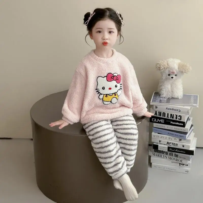 سانريو مرحبا كيتي البلوز منامة قطعتين مجموعة فتاة الخريف المرجان الصوف القمم السراويل الطفل kawaii أنيمي الكرتون ملابس منزلية جديدة #6