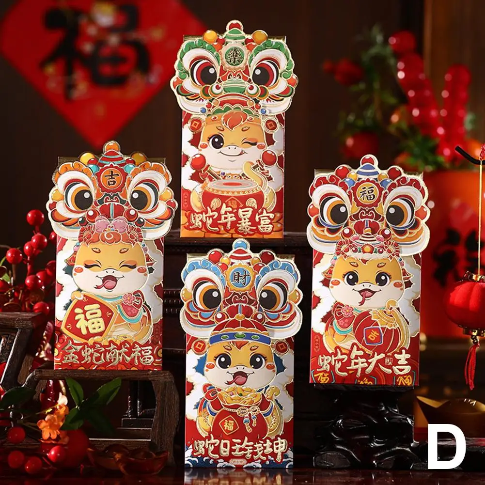 Baru 4 buah 2025 Tahun Baru Cina amplop merah Kartun Tahun pernikahan ular Beruntung Festival Hongbao paket Musim Semi kantong uang O3D9