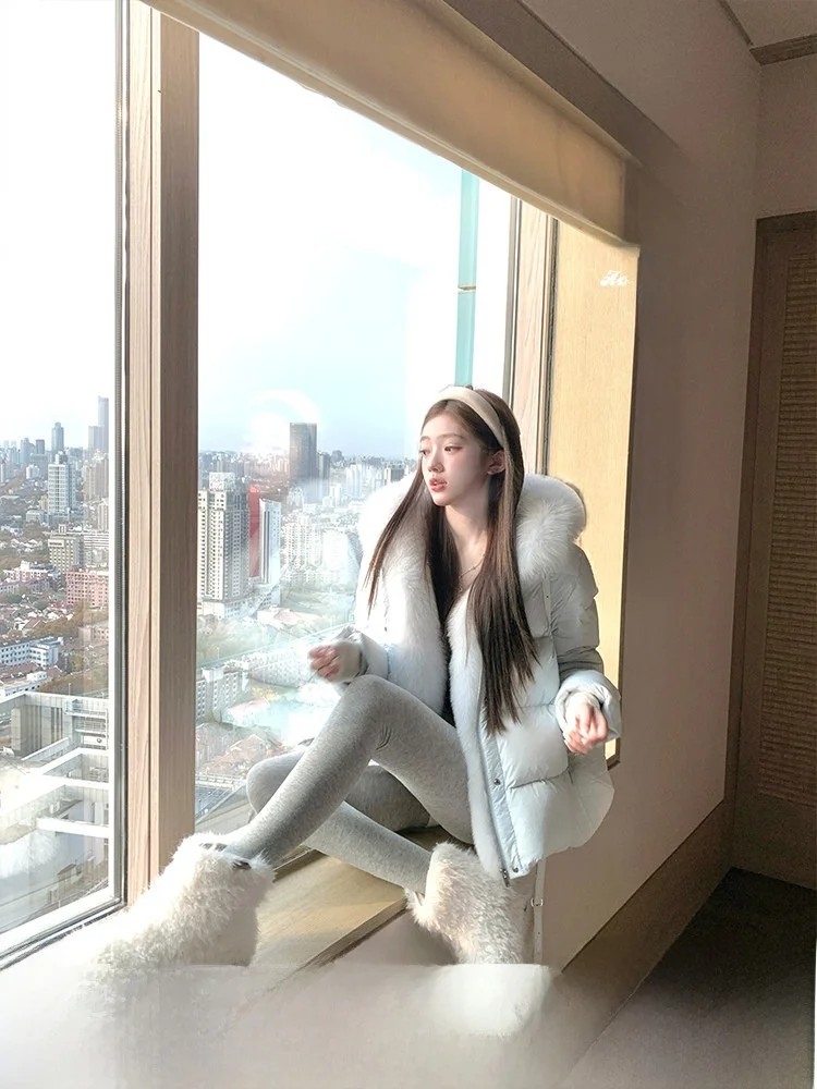 

Women's Blue Hooded down Jaet 90 White Du down Fur Collar Casual Sle Korean Sle Outerwear Winter Warm Coat