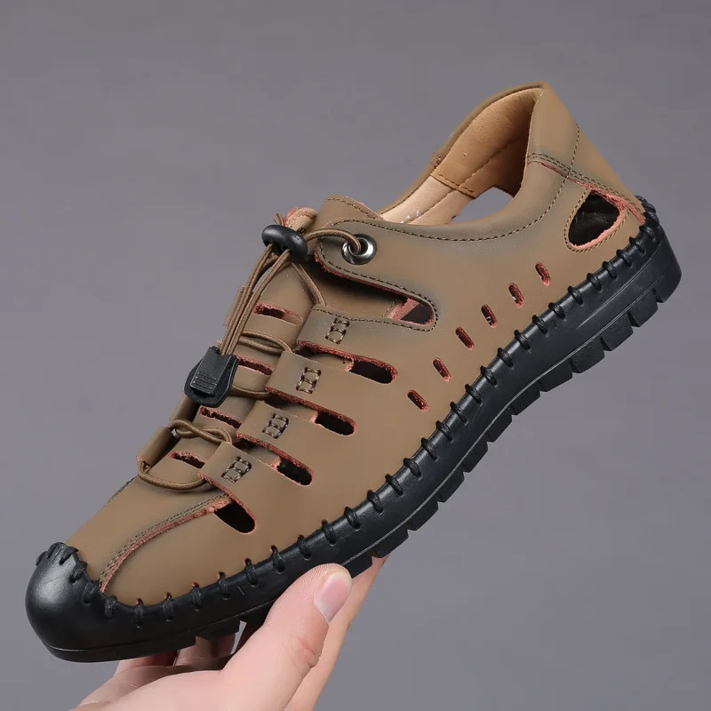 New Summer Men Genuine Leather Sandals Business Casual Shoes Men Outdoor Beach Sandals Roman Men Summer Water Shoes Size 48