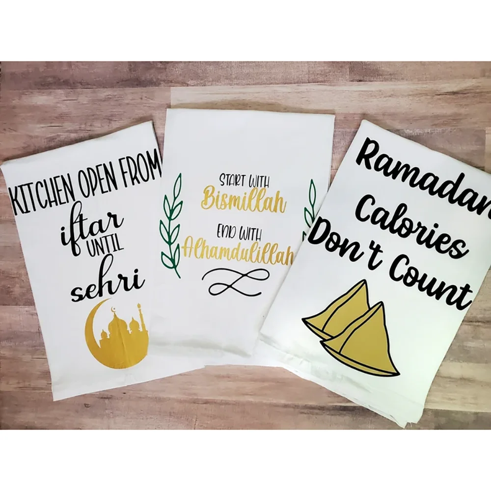 Toallas de té con temática de Ramadán, decoración de cocina islámica, Eid Iftaar Bismillah Alhamdulilah Suhoor Samosa, comida, regalo de inauguración de la casa