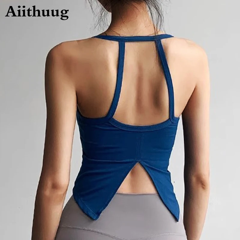 Aiithuug Hanging Neck Sexy Back Yoga Crop Tops Padded Back Split Quick Drying Breathable Tops Casual Workout Pilates Underwears