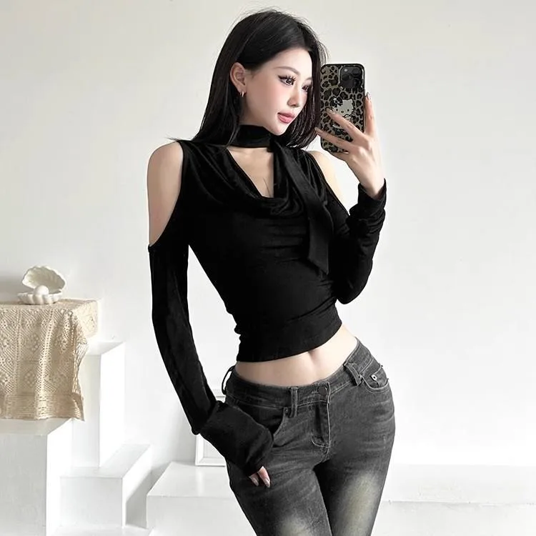 Sexy Off Shoulder Hollow Out Tops Mujer Y2k V-neck Slim Fit T-shirt for Women 2024 Summer New All-match Black Tee Shirt