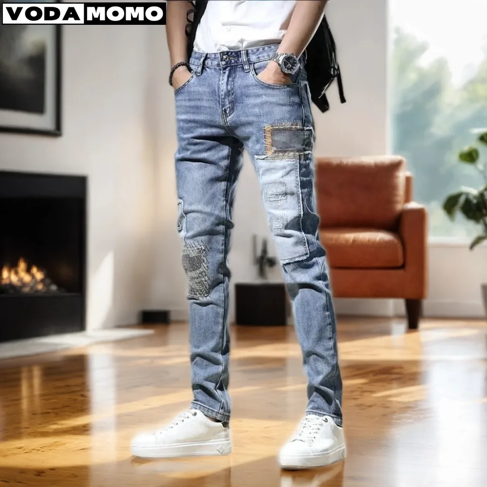 

2024 Stylish Ripped Jeans Pants Slim Straight Frayed Denim Clothes Men New Fashion Skinny Trousers Clothes Pantalones Versatile