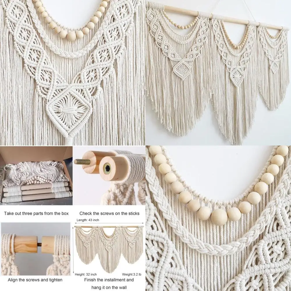 

Large Boho Macrame Wall Art - Decorative Tapestry for Living Room & Bedroom with Wooden Beads