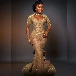 Exquisite Women Glden Evening Dresses Luxury Crystal Appliques Beading Tassel Mermaid Special Event Long Sleeve High Neck Gowns