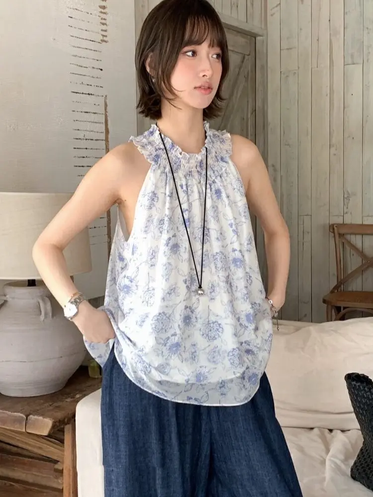 

Loose Floral Print Casual Style Women's Shirt Sleeveless Neck Hanging Strap Spring Summer Season Daily Wear Comfortable Cotton
