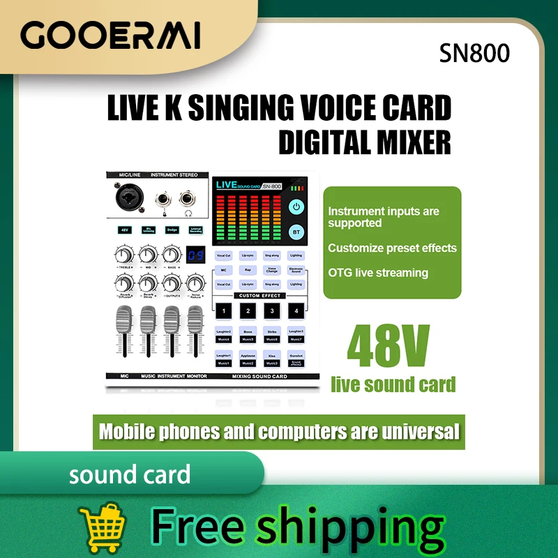 

Звуковая карта Gooermi SN800 для записи в реальном времени с подключением Bluetooth, цифровое микширование, фантомное питание 48 В для прямой трансляции ПК