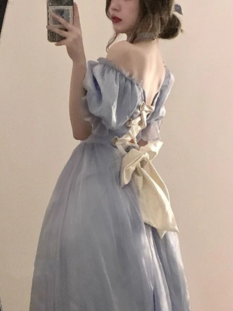 

Elegant Evening Party Midi Dress Women Chiffon Off Shoulder France Vintage Dress Female Bubble Sleeve Korea Ball Gown Dress 2024