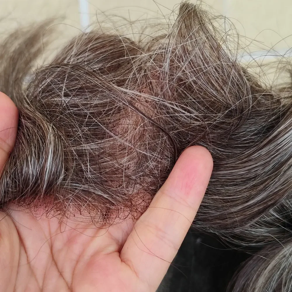 Men Toupee 7x10" Brown With 40% Gray Hair System For Men Toupee Soft Silicon Lace Front Wig