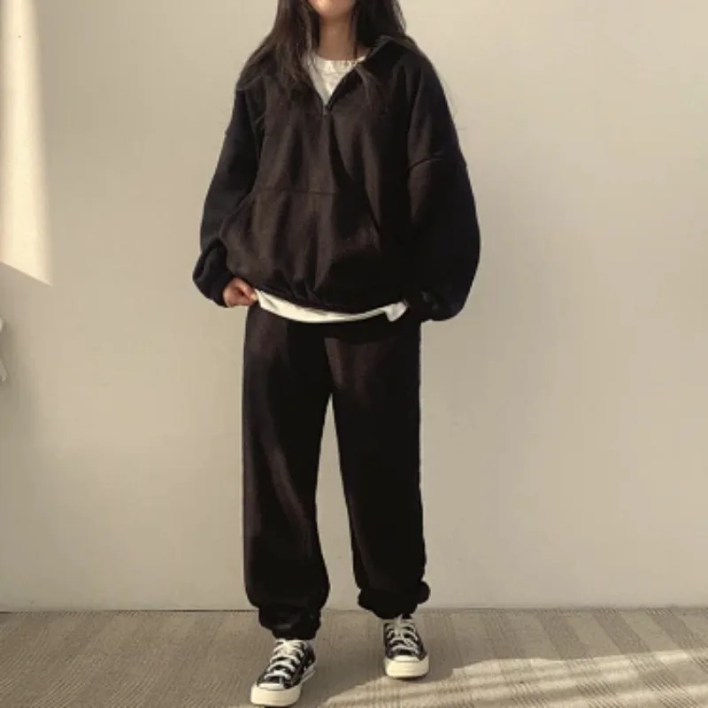 Women Half Zip Fleece Lined Sweatshirt Wide Leg Pants Sets Solid Casual Two Piece Outfit Winter
