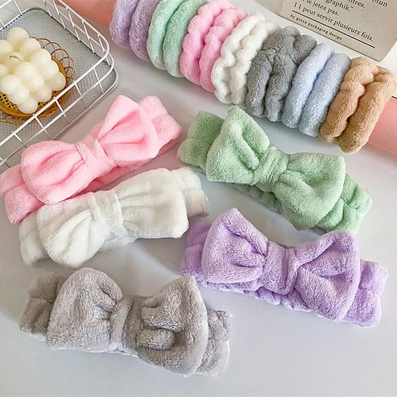 Face Wash Headband Wristband Set for Women Cute Bow Spa Head Wraps Skincare Makeup Hairbands Coral Fleece Bath Hair Accessories